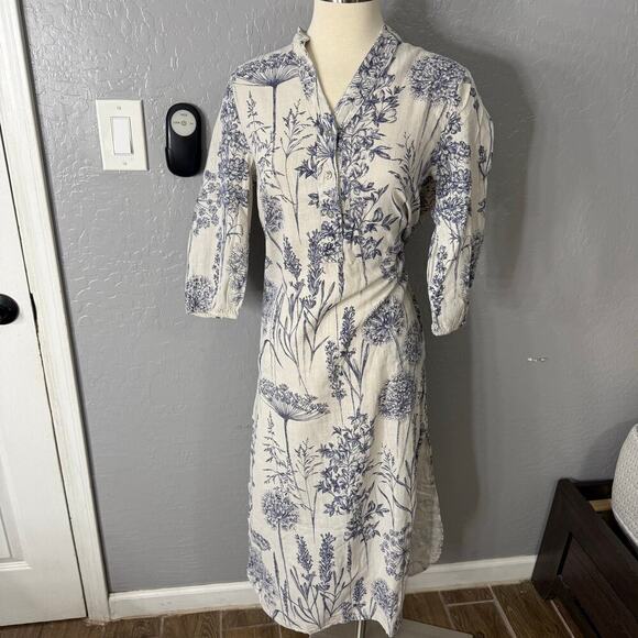 SPIGHE DI LINO Italy Linen Blend Three-quarter Sleeve Botanical Maxi Dress,  S